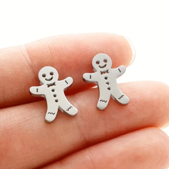 Gingerbread Man Christmas Holiday Silver Toned Stud Earrings - Picture 1 of 1